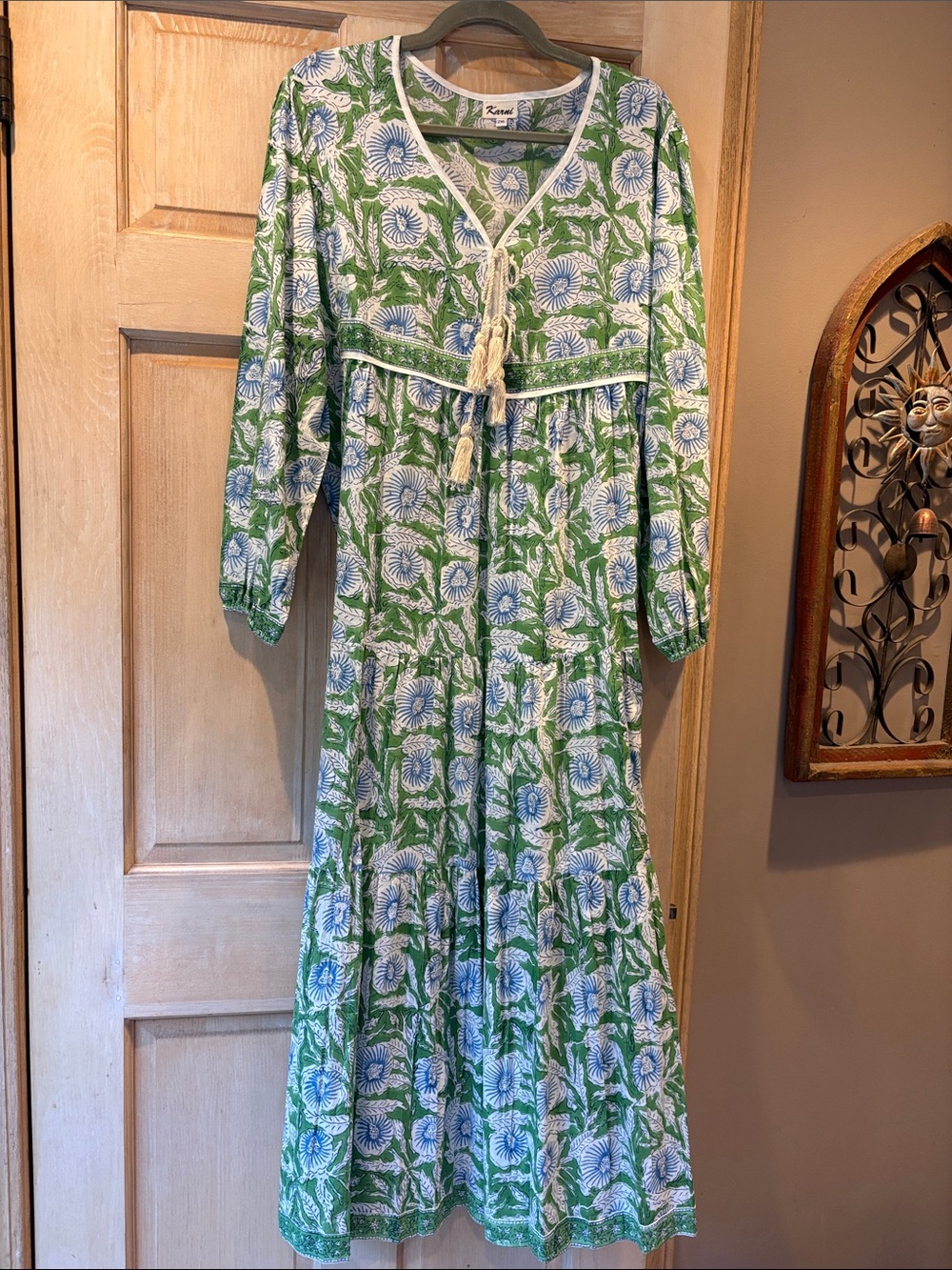 Karni Green and Blue Floral Maxi Dress with Tassel Tie 2X (runs small)